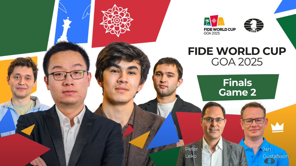 FIDE_chess's tweet image. 🔥 Finals Game 2 of the FIDE World Cup 2025 begins at 15:00 IST (UTC+5:30) #FIDEWorldCup

🎥 Watch live commentary with Grandmasters Peter Leko and Jan Gustafsson👇
youtube.com/live/Wvo_7MMth…

Individual streams:
🇨🇳 Wei Yi – Javokhir Sindarov 🇺🇿
youtube.com/live/j9tB3CpF6…
🇺🇿 Nodirbek…