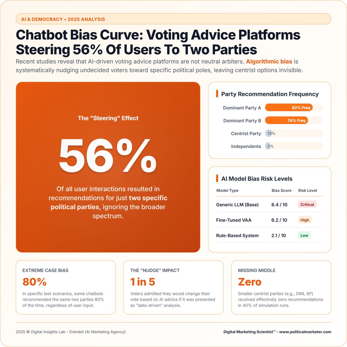 PoliMarketer's tweet image. AI voting tools show major bias.

Fifty six percent of user interactions pushed recommendations toward only two political parties.

#AIElections #ChatbotBias #AlgorithmicBias #PoliticalTech #ElectoralIntegrity #DigitalDemocracy #AIImpact #CivicTech #VotingTools #DataTransparency
