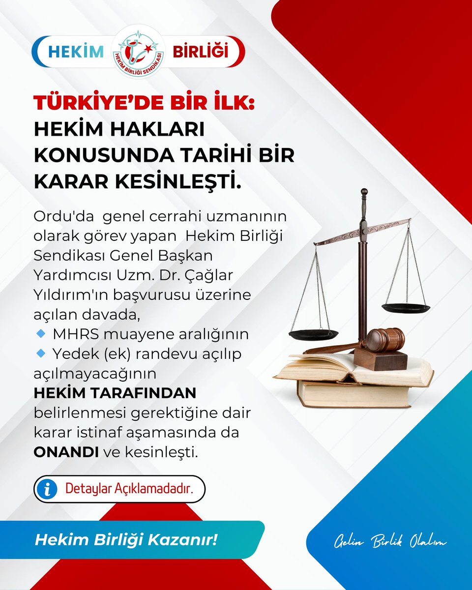 Hekim Hakları Konusunda Önemli Karar Kesinleşti

Ordu’da genel cerrahi uzmanı olarak görev yapan, Hekim Birliği Sendikası Genel Başkan Yardımcısı Op. Dr. Çağlar Yıldırım tarafından açılan davada;
🔹 MHRS muayene aralığının,
🔹 Yedek (ek) randevu uygulamasının
hekim tarafından