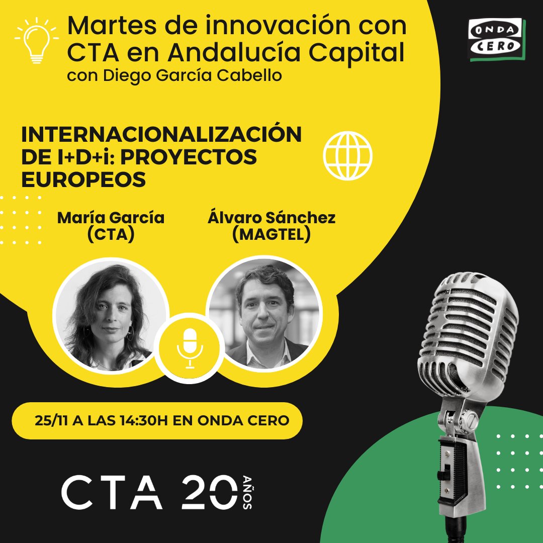 📻 ¡Martes de Innovación con CTA en <a href="/OndaCero_es/">Onda Cero</a> !
🔹 A las 14:30h, sintoniza Andalucía Capital con <a href="/diegogarciacab/">Diego Gª Cabello</a>  y descubre cómo la internacionalización de la I+D+i está abriendo puertas a proyectos europeos que impulsan la competitividad empresarial.

Participan María García