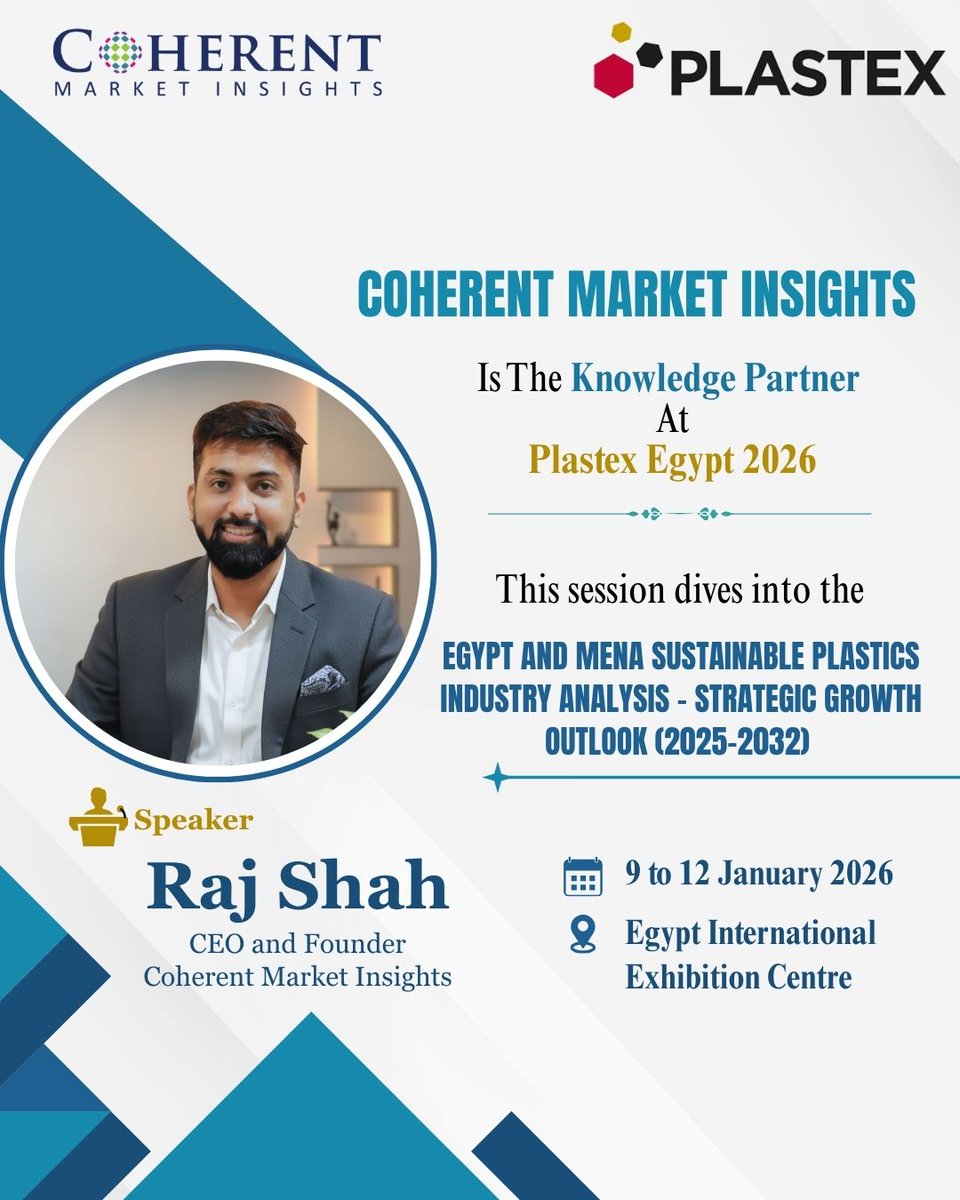 CoherentMI's tweet image. Excited to announce that @CoherentMI  is the Official #KnowledgePartner for #PLASTEX2026 Egypt!

📅Dates: 9 – 12 January 2026
🌍Location: Egypt International Exhibition Center, Cairo

More info: plastexegypt.com

#KnowledgePartner #CoherentMarketInsigts #IndustrialEvents
