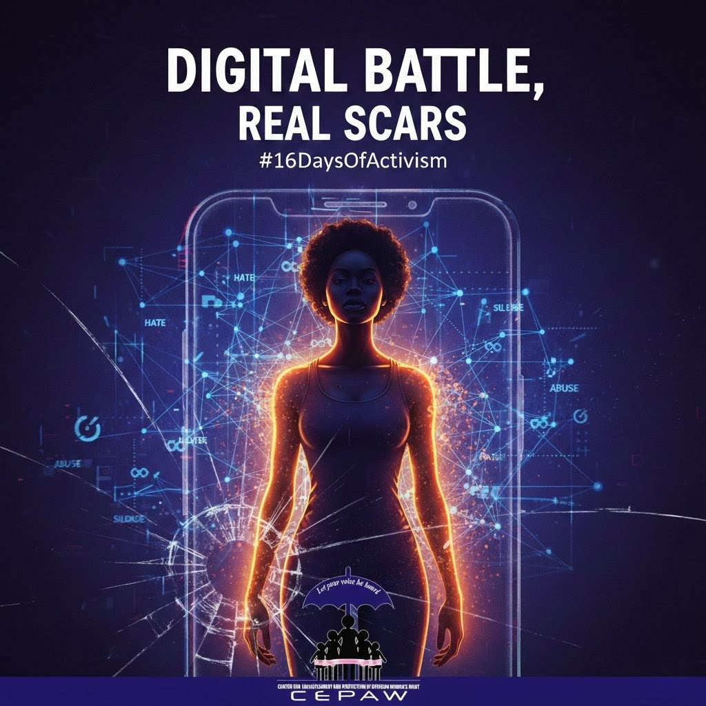 CEPAWng's tweet image. 💔 From the streets to the screen: Digital violence is REAL violence.
​Today, #IDEVAW, CEPAW launches the #16DaysOfActivism. We demand an end to online abuse against African women &amp;amp; girls.
​Enlightenment. Protection. Action.

​#EndDigitalViolence #CEPAW #BreakTheSilence
