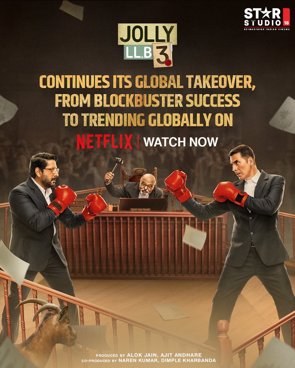 starstudio18_'s tweet image. #JollyLLB3 continues to rule the screens! Thank you for the love 🙏🏻🙌 Watch now on @NetflixIndia 

#JollyLLB3OnNetflix #TrendingGlobally #NowStreaming