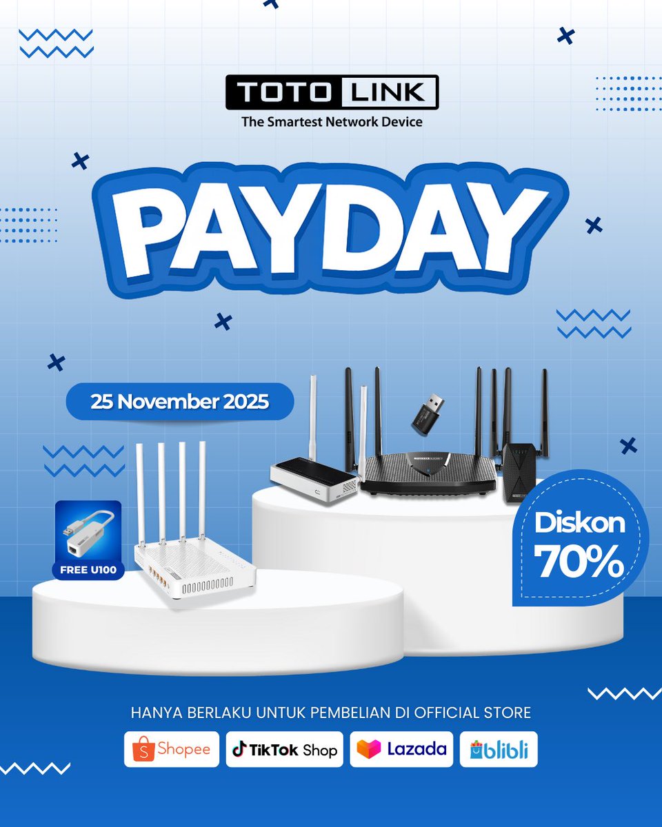PAYDAY SALE IS HERE! ⚡
Nikmati potongan hingga 70% dan bonus FREE U100 untuk setiap pembelian produk tertentu.
Promo berlaku di platform e-commerce favorit kamu. ✨
Saatnya upgrade jaringan tanpa mikir dua kali!

Solusi Koneksi Stabil #totolink #totolinkindonesia