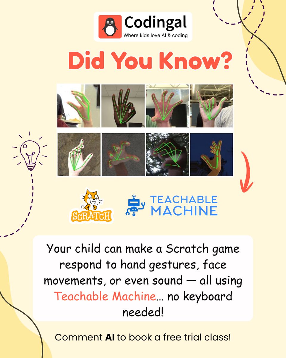 codingal's tweet image. Ready to build games that listen, see, and react?
Comment AI to book a free trial class!

#KidsWhoCode #ScratchCoding #AIForKids #TeachableMachine #STEMLearning #Codingal #FutureCreators