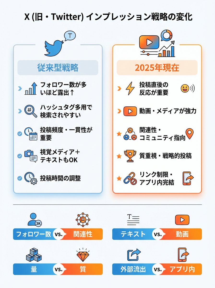 MRO_Design's tweet image. 凍結前とのインプレッションの動きが違っていて気になったので調べてわかりやすく図にしてみました。

長年Xをやっている人は左側のイメージのままXを稼働させていませんか？

私はハッシュタグは今や凍結・スパム判定リスクがあると感じるので絶対に使わないようにしています。