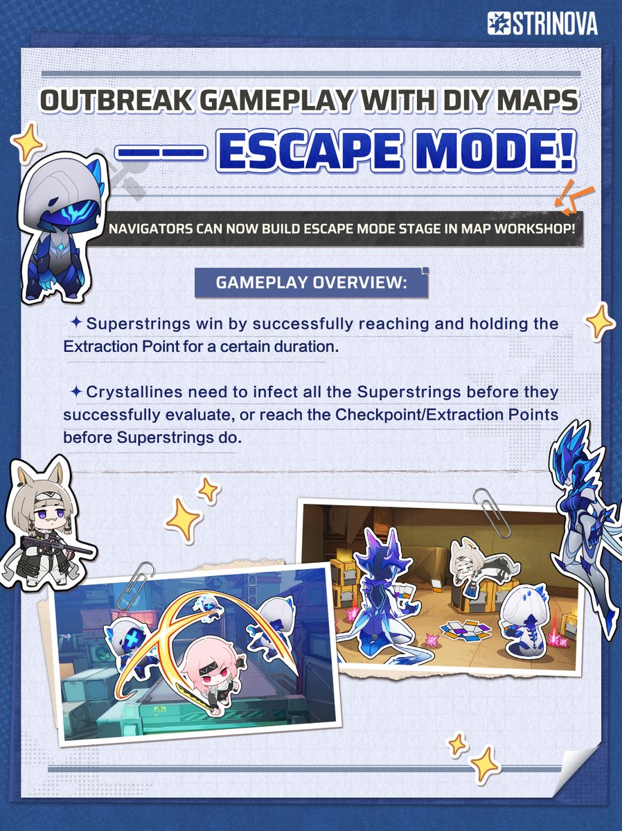 Strinova_EN's tweet image. Escape Mode - First Look

Navigators can now build Escape Mode Stage in Map Workshop!🗺️
Run fast Navigators! Don&apos;t let the Crystallines get you!😣

Join the fight on November 27th!🔥

#EscapeMode #Strinova