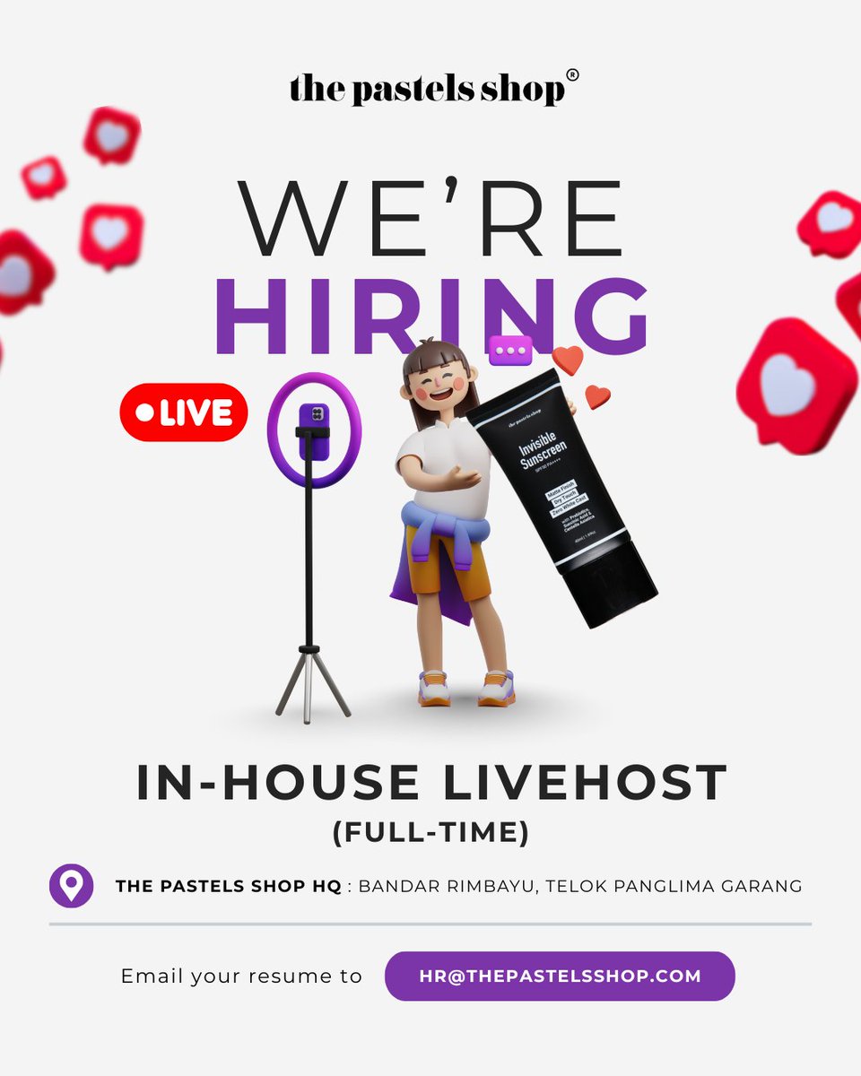 thepastelsshop's tweet image. Looking for a new opportunity? 💡
The Pastels Shop is hiring an In-House Livehost (Full Time) to lead our TikTok &amp;amp; Shopee live sessions! 🎥
We&apos;re looking for someone who&apos;s:
- Confident &amp;amp; engaging
- Passionate about skincare and beauty
- Ready to represent the brand with energy &amp;amp;…