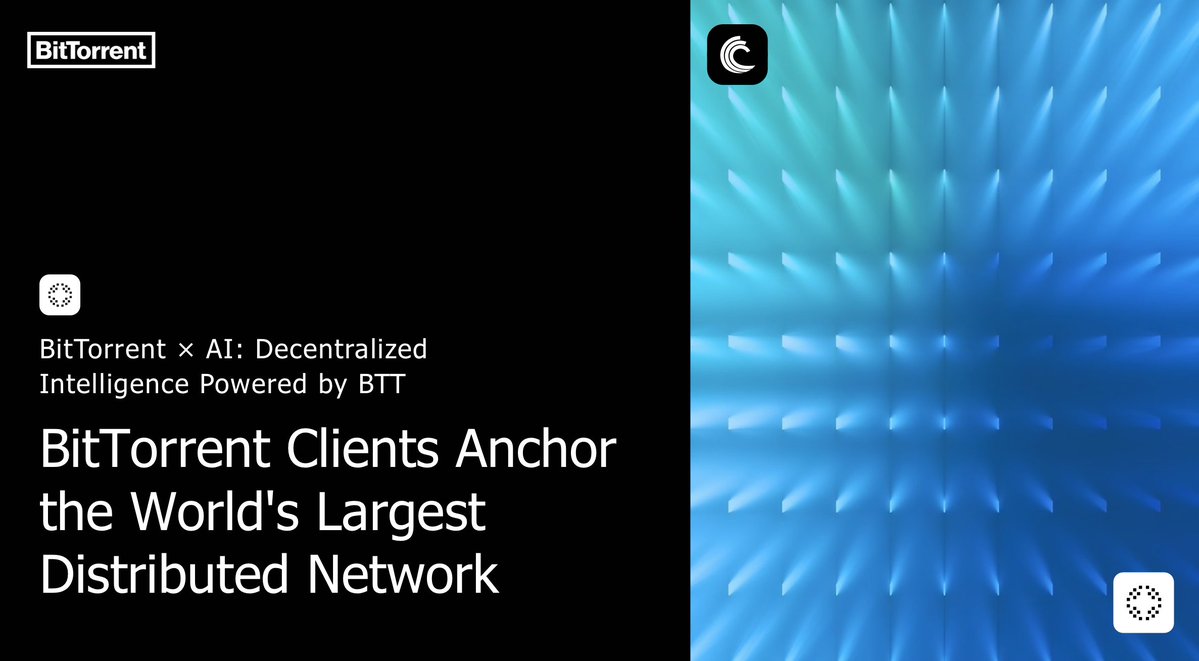 BitTorrent's tweet image. Hundreds of millions of #BitTorrent/µTorrent clients run worldwide. They power the world&apos;s largest distributed node network.

These nodes are ready to support future #AI workloads. $BTT incentives ensure they stay active and growing.
#DistributedNetwork #DePIN #Web3Infra #LocalAI