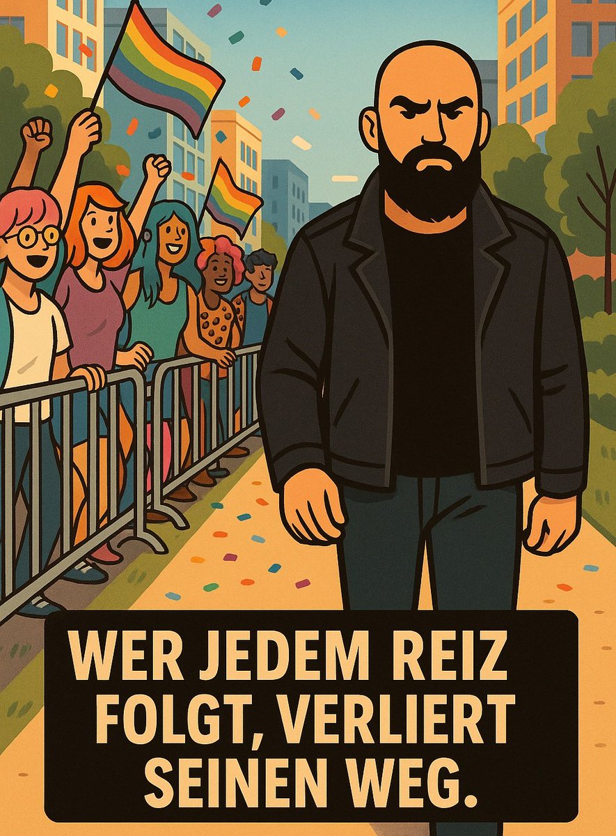 DerAntiCoach's tweet image. Alle schreien. Alles blinkt. Alles will dich haben.
Heute Parade, morgen Trend, übermorgen der nächste „Lebensstil zum Nachmachen“.

Die Masse liebt Reize.
Laut, bunt, aufregend, am besten mit Fähnchen und Applaus.
Und jedes Mal dieselbe Einladung:
Komm rüber, lauf mit uns, sei…