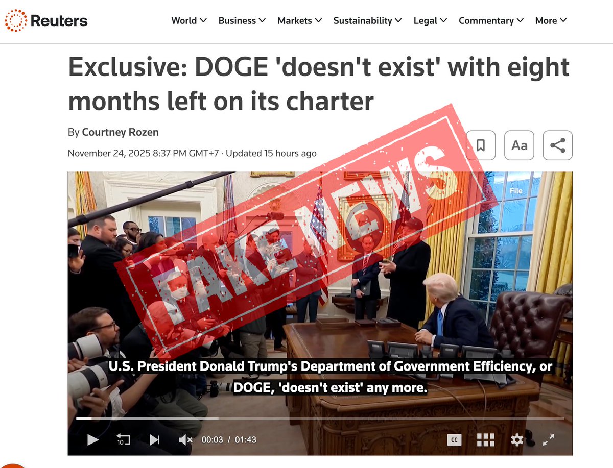 D.O.G.E chính thức lên tiếng, bác bỏ tin giả ngừng hoạt động từ Reuters 👇

Bộ hiệu quả chính phủ Mỹ (DOGE) trong bài đăng mới nhất trên X đã khẳng định bộ phận vẫn đang hoạt động bình thường, vừa chấm dứt 78 hợp đồng lãng phí và tiết kiệm 335 TRIỆU