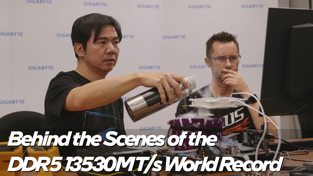 IntelTech's tweet image. Sergmann, HiCookie, @AorusOfficial, and @Corsair smashed the memory overclocking world record with 13,530 MT/s on the #IntelCoreUltra 9 285K! We went to Taipei to bring you an inside look at what it took to achieve the fastest DDR5 frequency to date: ms.spr.ly/6016tncUe
