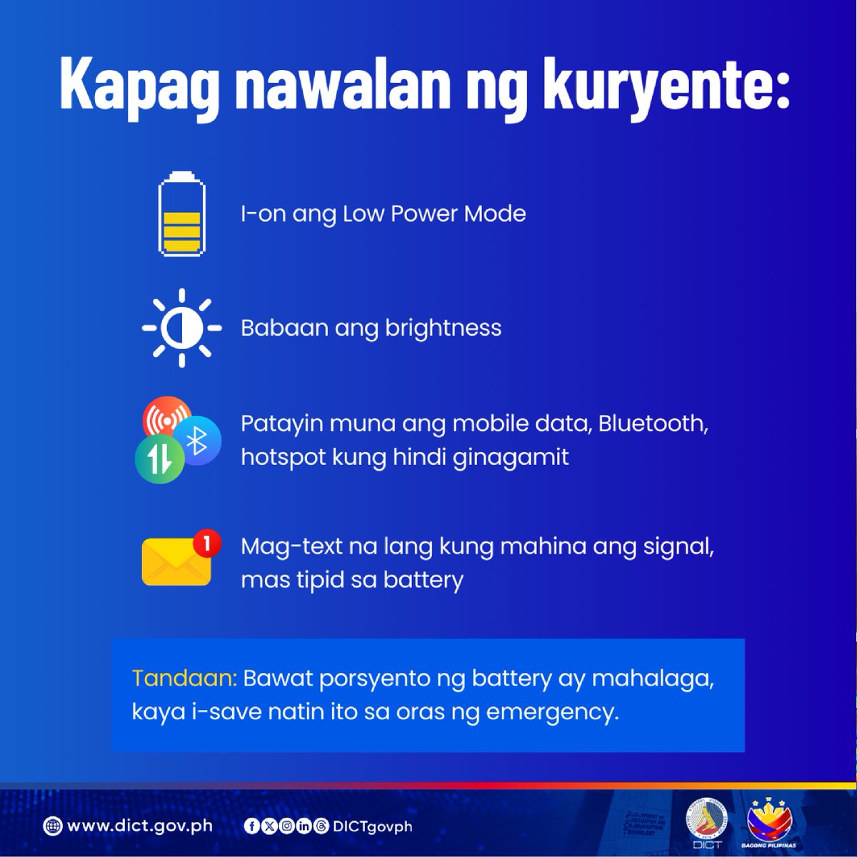 DICTgovph's tweet photo. ๐ขPAALALA: MAS LIGTAS KA, KAPAG KONEKTADO KA!
Narito ang mga dapat tandaan: https://t.co/qp9b1FqDHe
#DICT #VerbenaPH #StayConnected #MagingAlerto #MagingHanda #OplanKonektadongMatatag #BagongPilipinas #DigitalBayanihan https://t.co/y9JQAdOVSm