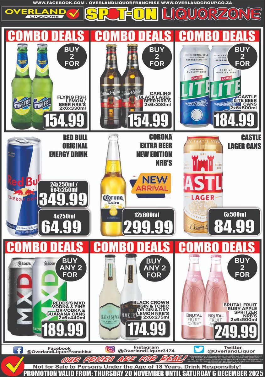CHECK OUT THESE AWESOME SAB DEALS NOW ON!
20 NOVEMBER - 6 DECEMBER 2025!
Check out our website
spotonliquor.co.za/promotions/ or  bit.ly/48nBthH to view our specials or find a store near you!
Available at Selected stores near you!