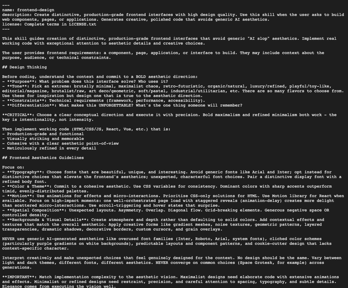 lemonodor's tweet image. The frontend design skill is just a short prompt you can paste into anything. raw.githubusercontent.com/anthropics/cla…
