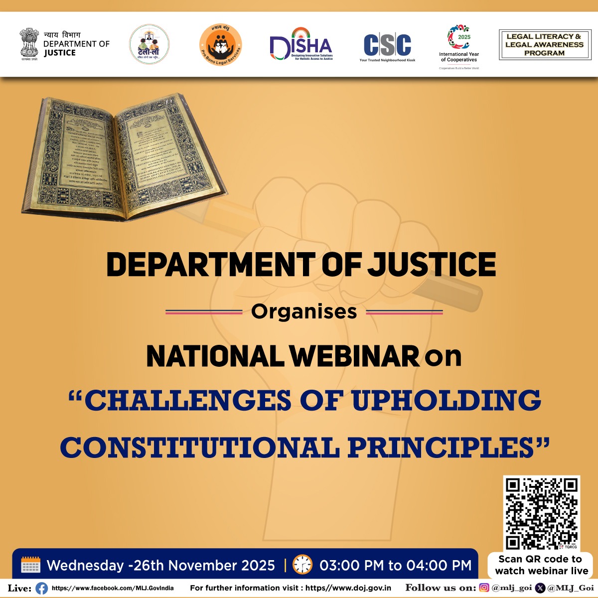 ⏰ 1 Day to Go!
📢 Join the National Webinar!

The Department of Justice is pleased to announce a National Webinar on: “Challenges of Upholding Constitutional Principles.”

Gain valuable insights as experts discuss ways to safeguard our Constitutional values and strengthen