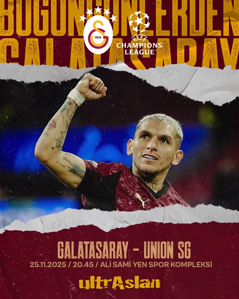 #BugünGünlerdenGALATASARAY 💪

🏆 UEFA Şampiyonlar Ligi
🗓️ 5. Hafta
⚽ Union SG
📆 25.11.2025 
⏰ 20.45
🏟️ Ali Sami Yen Spor Kompleksi
📲 #GSvUSG #UCL

#ultrAslanGaziantep