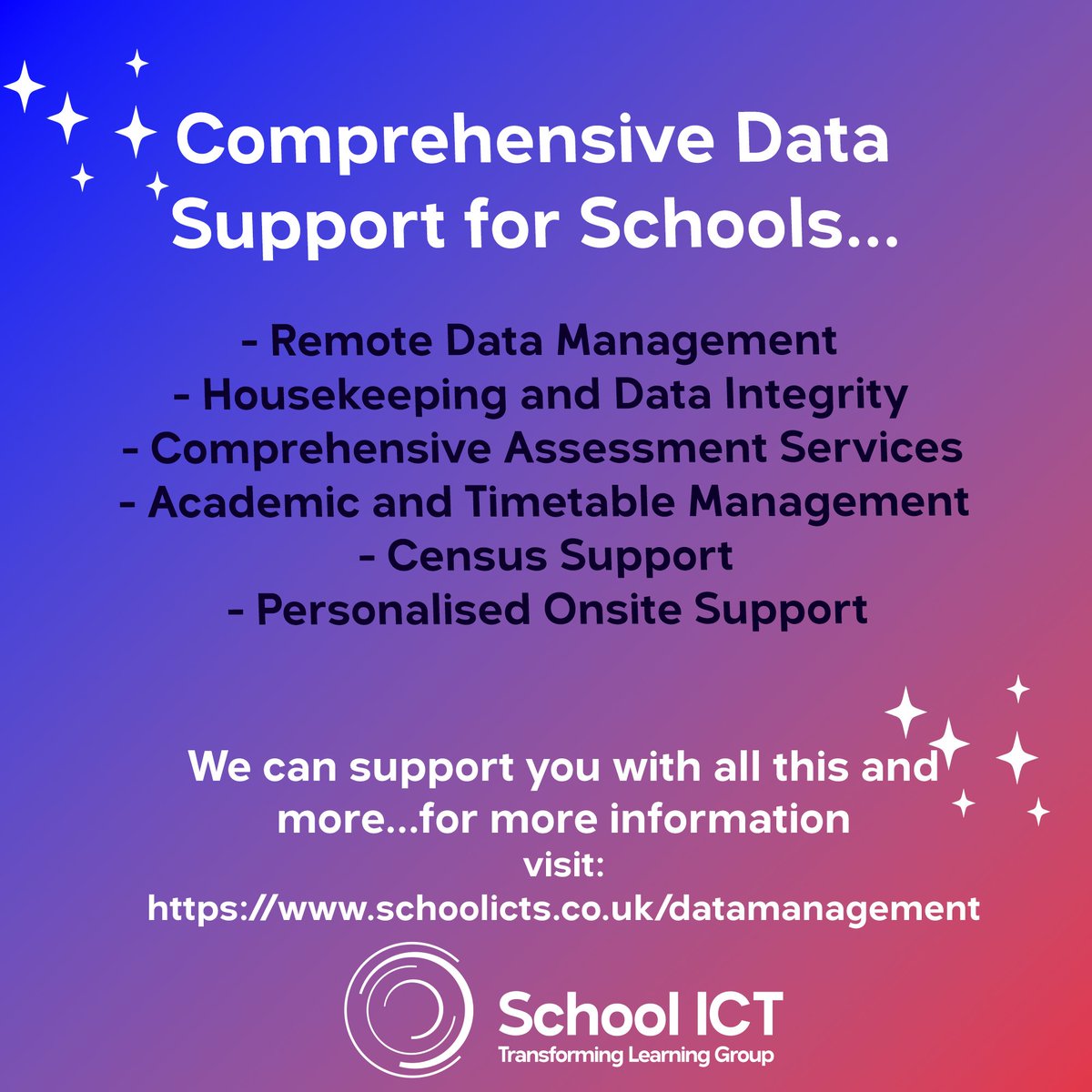 schoolicts's tweet image. We can support you with a range of Data Services - freeing up your time, giving you peace of mind knowing your data is accurate and compliant.
To find out more attend our FREE Data Webinar on Thursday, book your place here: 
schoolicts.co.uk/events/sict-da…