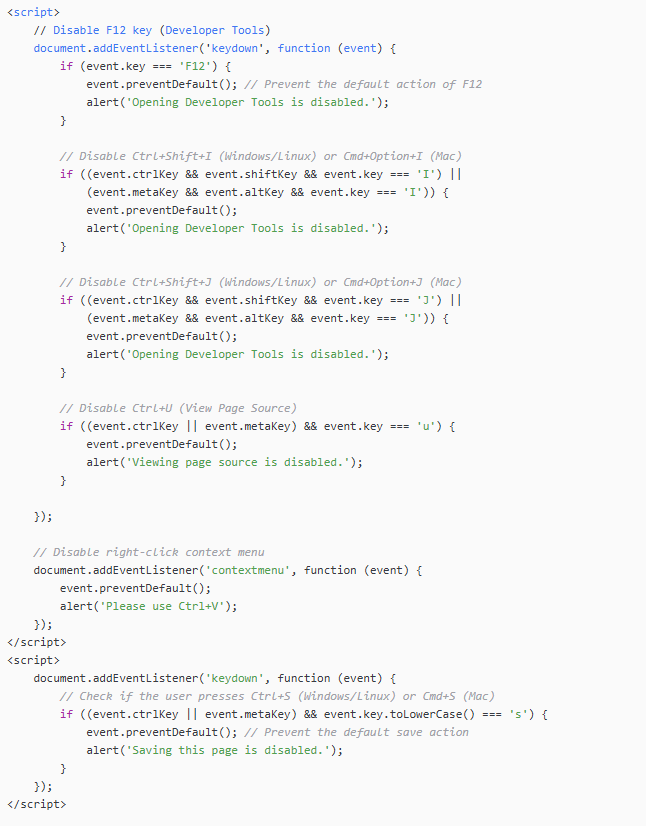 volrant136's tweet image. Lure: Letter for Security_Algeria Ambassador visit to CoxsBazar.pdf

The script blocks common browser shortcuts (F12, Ctrl+Shift+I/J, Ctrl+U, Ctrl+S) and right-click to prevent access to developer tools, page source, and saving.
#sidewinder #apt