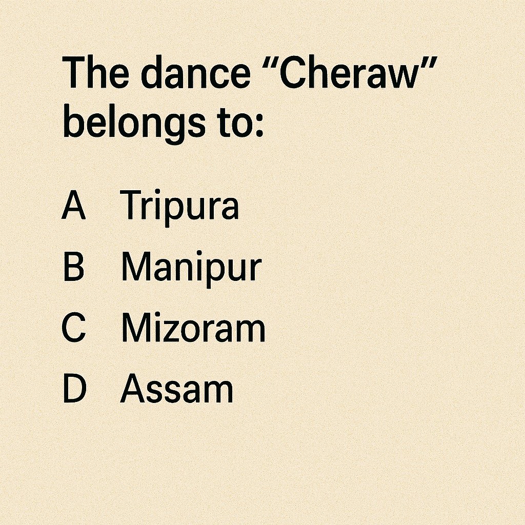 cematerial's tweet image. General Knowledge🔔🔔🔔:

The dance “Cheraw” belongs to:

#Generalknowledge #UPSC #SSC #RRB #CompetitiveExams #BPSC #UPSCPrelims2026