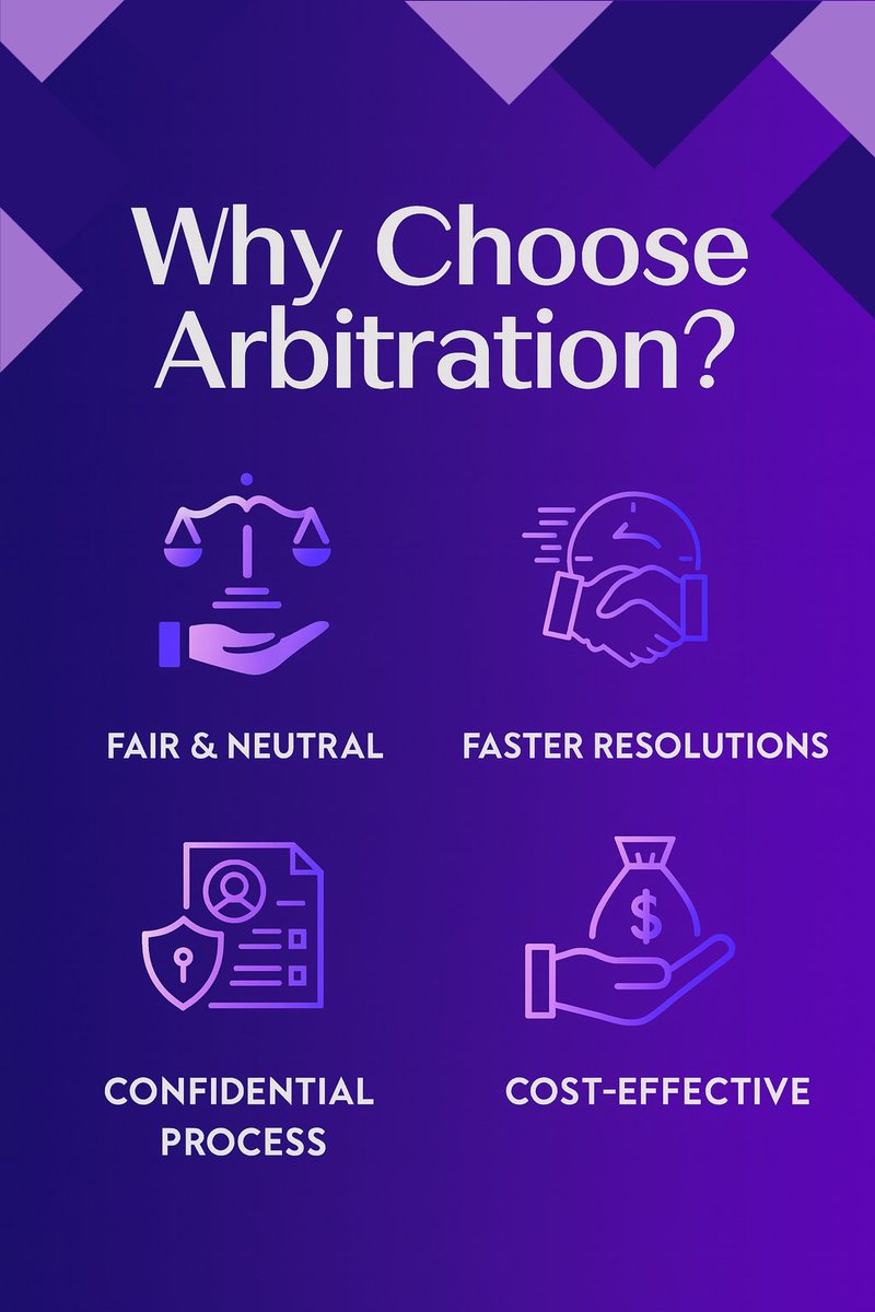 gamcadr's tweet image. Why choose arbitration?
Because #justice shouldn’t be slow, uncertain, or overwhelming.
#Arbitration means:
✨ Fair &amp;amp; Neutral
✨ Faster #Resolutions
✨ Confidential Process
✨ Cost-Effective Outcomes
A smarter approach to resolving #disputes with dignity and efficiency.
