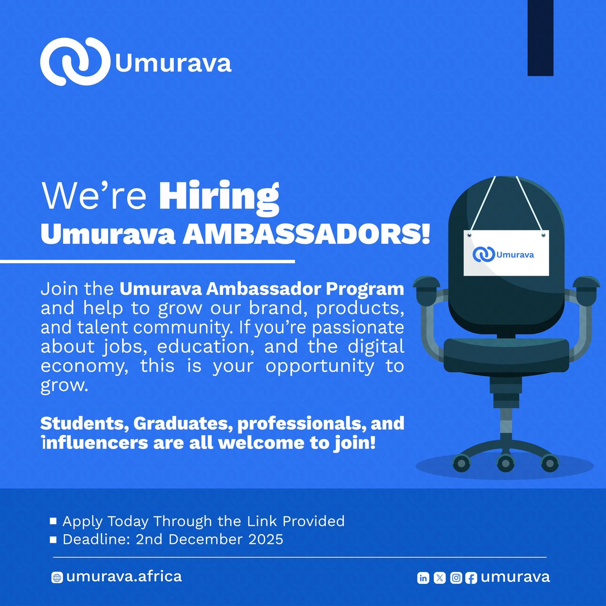 Umurava_'s tweet image. We are hiring Umurava Ambassadors!

For university students, recent graduates &amp;amp; young professionals passionate about jobs, education &amp;amp; the digital economy.

Learn more: docs.google.com/document/d/1Aj…

Apply Now: forms.gle/PKNB7z93ixDX3W…

#CareerGrowth #Jobs #Ambassadorprogram