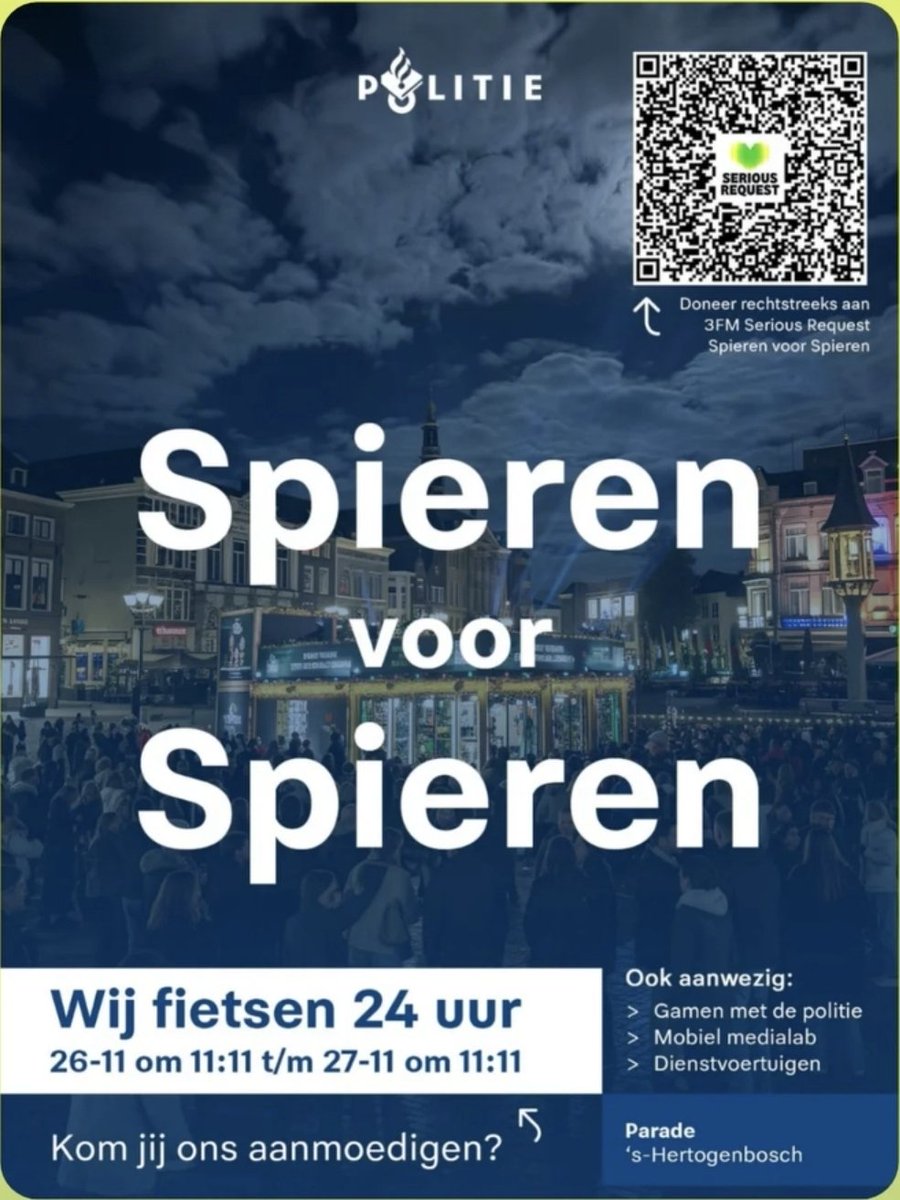 Kom je ons aanmoedigen morgen op de Parade in #DenBosch.
In het kader van Spieren voor Spieren fietsen wij #politie 24 uur voor het Mobiel Media Lab naast de Coppy Koffie #tuktuk tijdens Serious Request. Ook 'Gamen met de politie' is erbij!