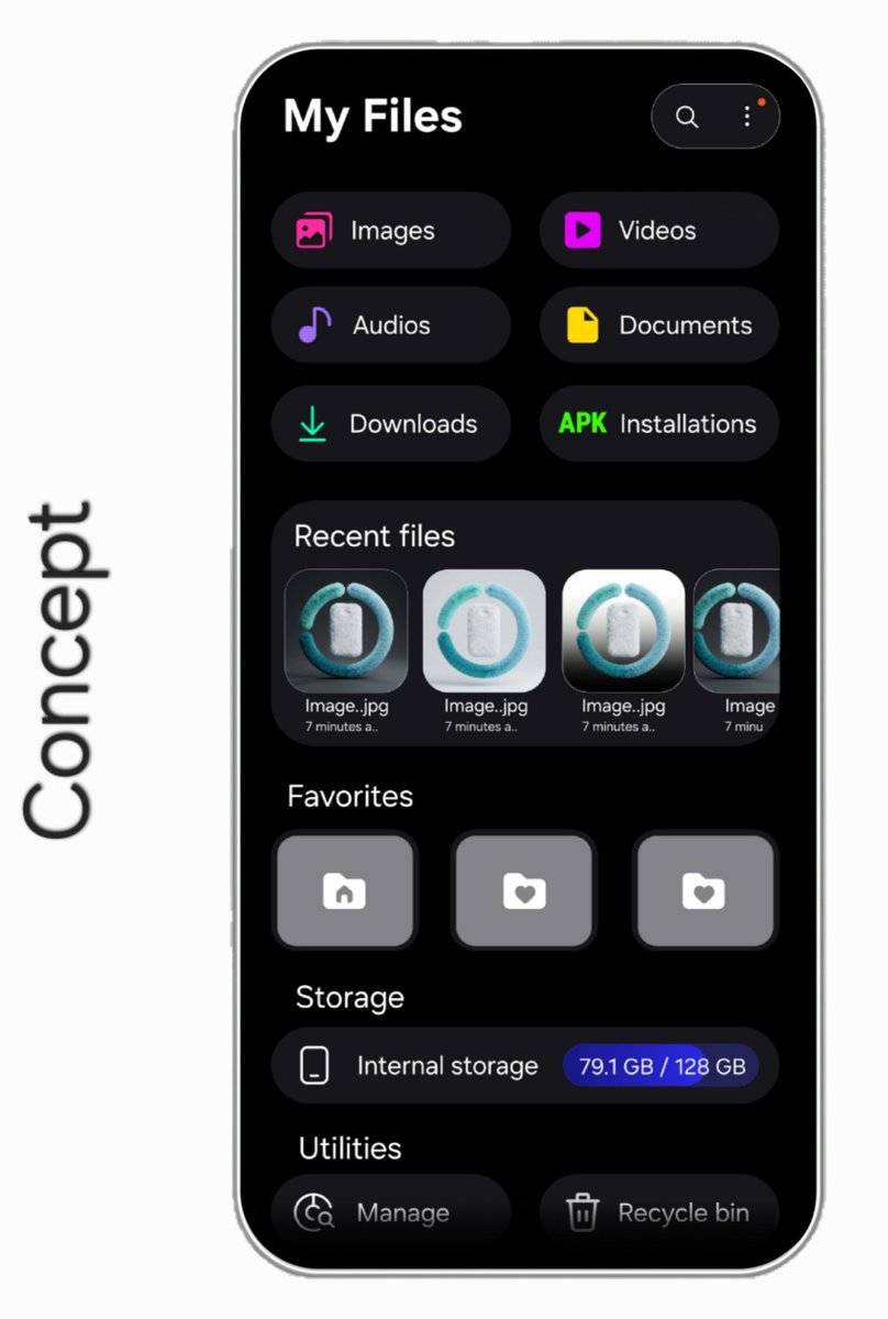 The1UX's tweet image. Samsung My Files Concept 
#OneUI8.5 #OneUi9 #MyFiles #Samsung 
1. Consistent pill shape used
2. Better Favorite Folder Ui
3. Manage Storage &amp;amp; Recycle bin in pill shape
4. OneUI8.5 style Recent menu