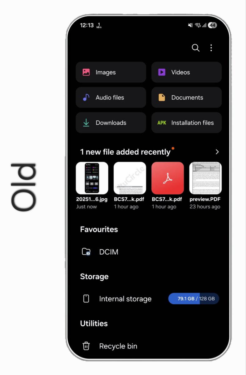 The1UX's tweet image. Samsung My Files Concept 
#OneUI8.5 #OneUi9 #MyFiles #Samsung 
1. Consistent pill shape used
2. Better Favorite Folder Ui
3. Manage Storage &amp;amp; Recycle bin in pill shape
4. OneUI8.5 style Recent menu