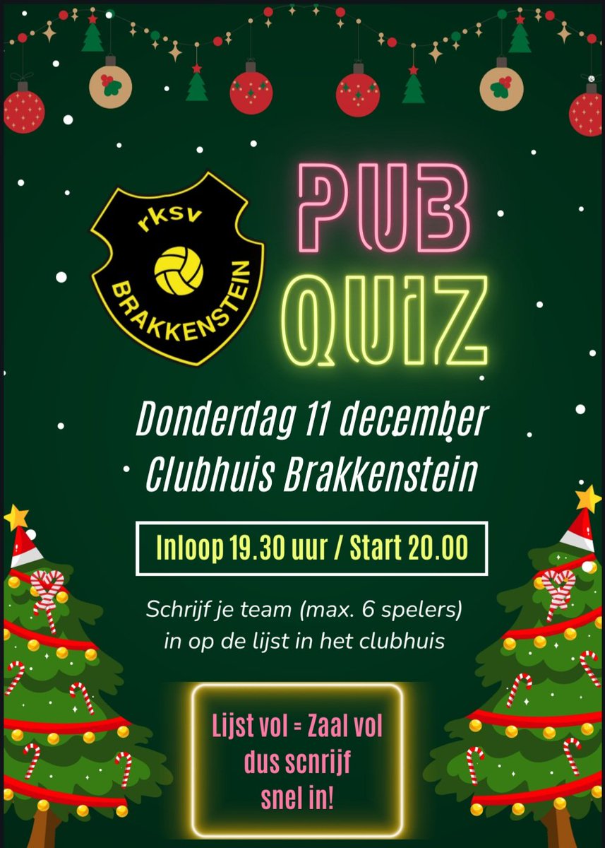 Op donderdag 11 december vindt de #jaarlijkse #PUBQUIZ plaats bij #Voetbalvereniging <a href="/Brakkenstein/">rksv Brakkenstein</a> 

Vanaf 20.00 uur zal de Pubquiz gestart worden door de #Evenementen #Commissie.
Schrijf je team in op de lijsten in ons #clubhuis.
Iedereen is van harte welkom, dus doe mee!!!