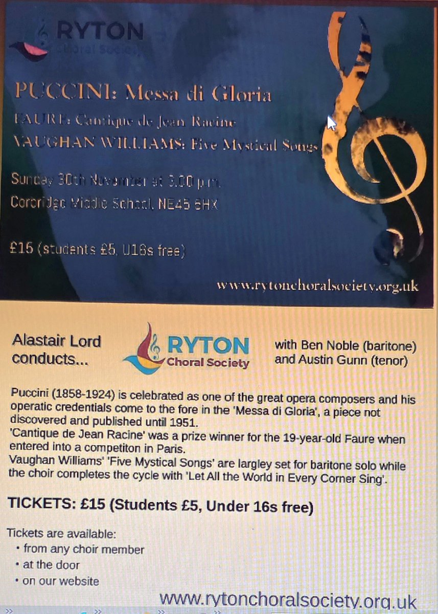 #Puccini Messa di Gloria #RVW Mystical Songs #Faure 30 November 25 3pm #Corbridge Middle School NE45 5HXRyton Choral Society rytonchoralsociety.org.uk