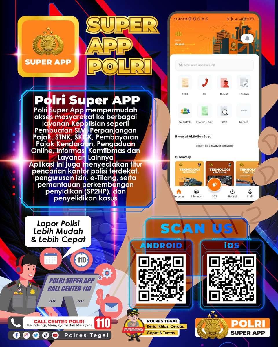 kramat_polsek's tweet image. SUPER APP POLRI – Layanan Kepolisian Dalam Genggaman! 🚓📱
Kini masyarakat bisa mengakses berbagai layanan kepolisian hanya lewat satu aplikasi!
Mulai dari pembuatan &amp;amp; perpanjangan SIM, cek &amp;amp; bayar pajak kendaraan, SKCK, pengaduan online, info Kamtibmas.