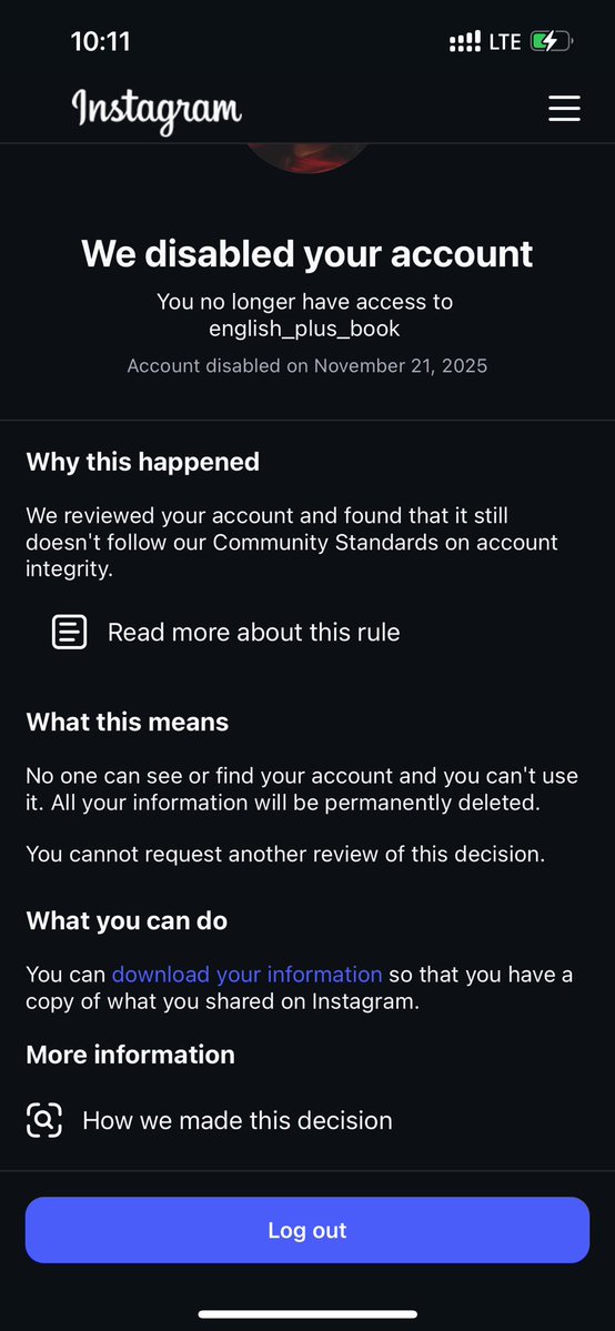 Saeideh_ti's tweet image. Dear Instagram,
My account has been disabled for five days, and no one is responding.
You didn’t even reply to my email. I was only selling books.
Please restore my account 🥲
@instagram 
@instagram 
#disabled 
#instagram