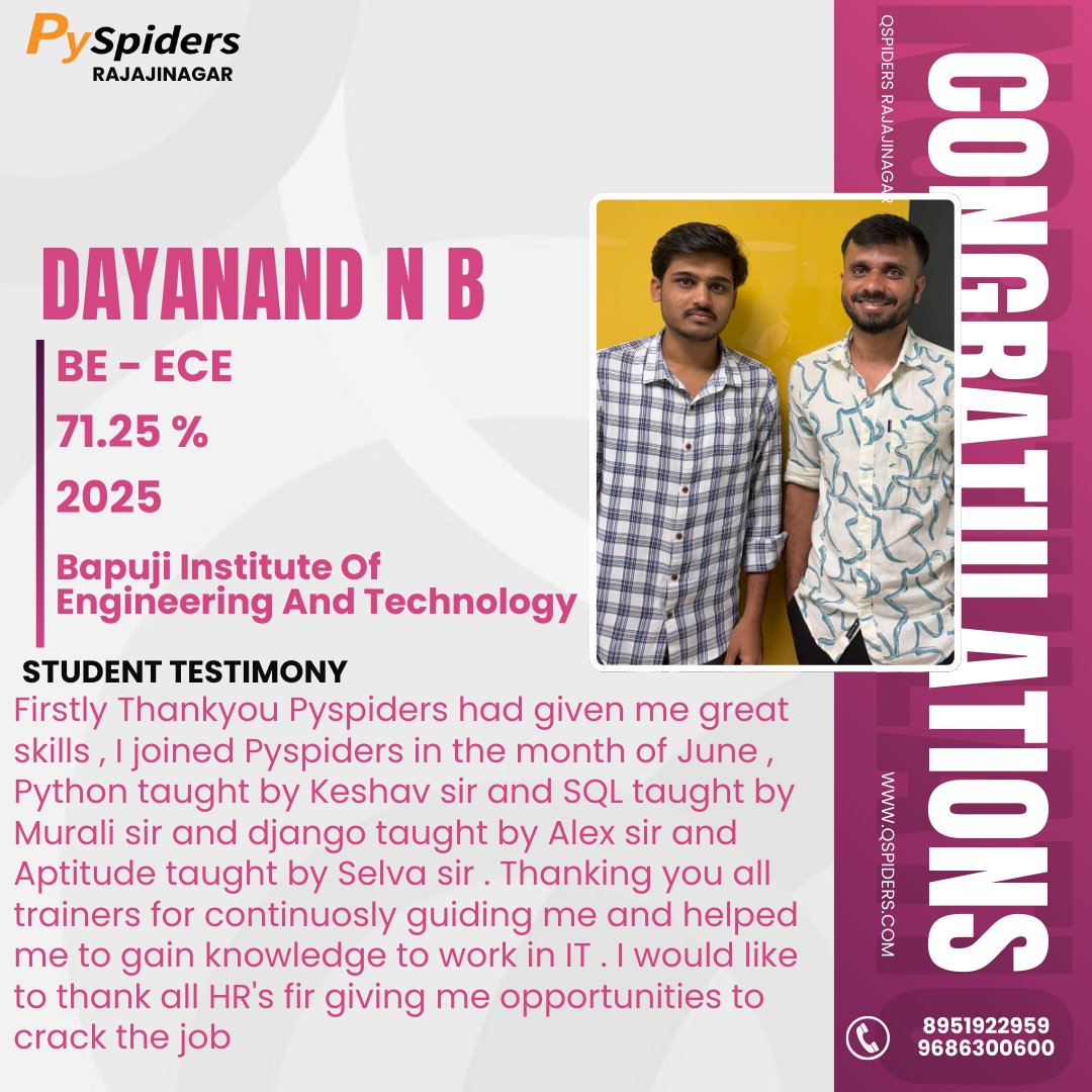 QRajajinagar's tweet image. Another proud achievement unlocked
Dayanand NB #pyspiders #qspiders #pyspidersrajajinagar #placement #successstory #studenttestimony #softwaretesting #pythontraining #sqltraining #interviewcracked #campusplacements #careerlaunch #education #bangaloretraining #learningjourney