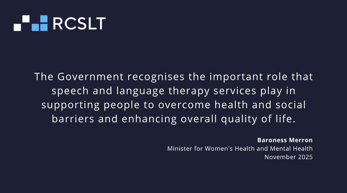 Great to see <a href="/DHSCgovuk/">Department of Health and Social Care</a>’s Baroness Merron recognise the difference that speech and language therapy can make to people's lives. It’s why we’re calling on <a href="/hmtreasury/">HM Treasury</a>'s <a href="/RachelReevesMP/">Rachel Reeves</a> to #InvestInSLT in the Budget and on the Govt to publish its SLT Action Plan.