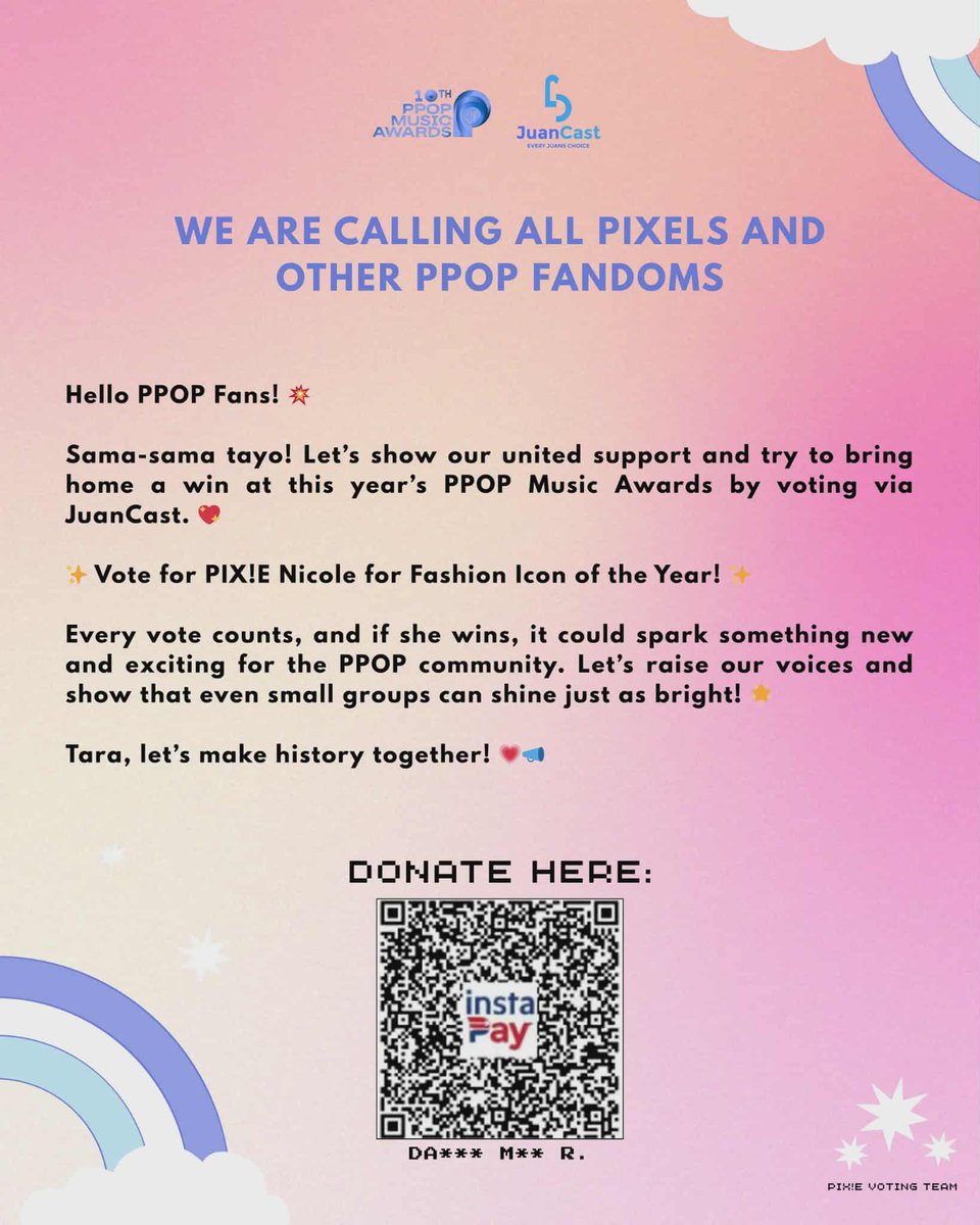 pixelsofc's tweet image. Hey Pixels! 🎀

PIXIE Nicole is nominated as "Ppop Favorite Fashion Icon Of The Year" Make sure to vote her as she win for this category!! 🩷

#Pixie #PixieNicole @pixieofficialph