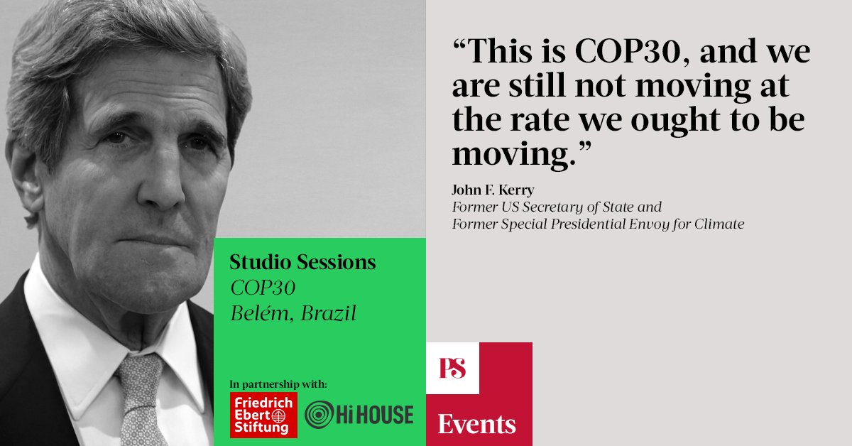 ProSyn's tweet image. At COP30, former US Secretary of State John Kerry argues that current NDCs are “weak,” noting that without greater ambition and accountability, the world will fail to meet the climate challenge. Watch the new edition of #PSStudioSessions at the link. #PSEvents…