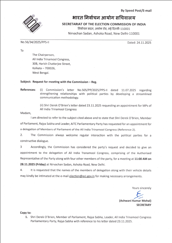 ANI's tweet image. Election Commission of India writes a letter to the All India Trinamool Congress accepting their request for a meeting with the commission on 28th November