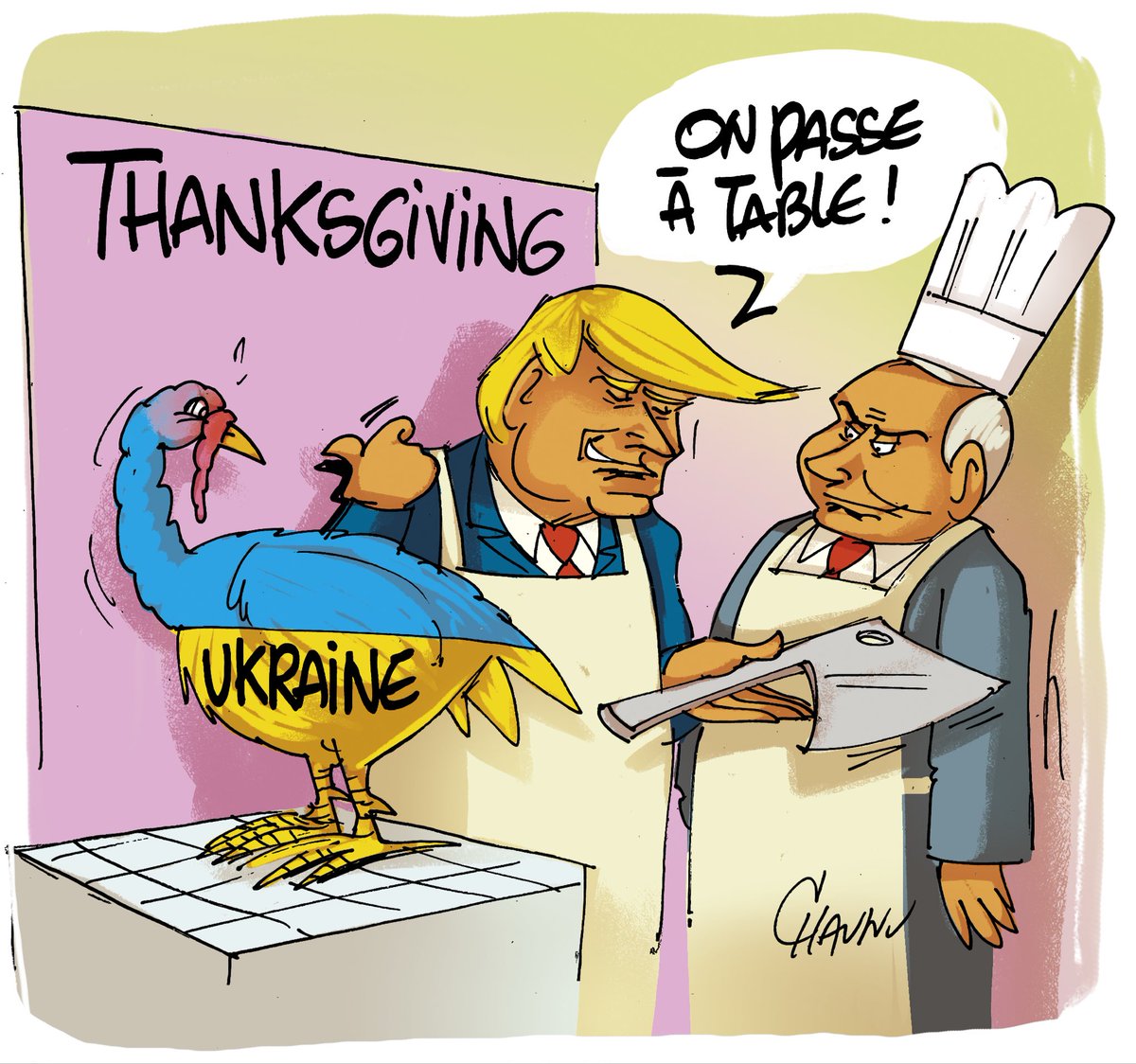 ✏️ dessin du jour pour <a href="/_lunion/">L'union</a> relations entre la Russie et les États-Unis à quelques jours de #thanksgiving🦃 au sujet de la guerre en #ukraine #actu