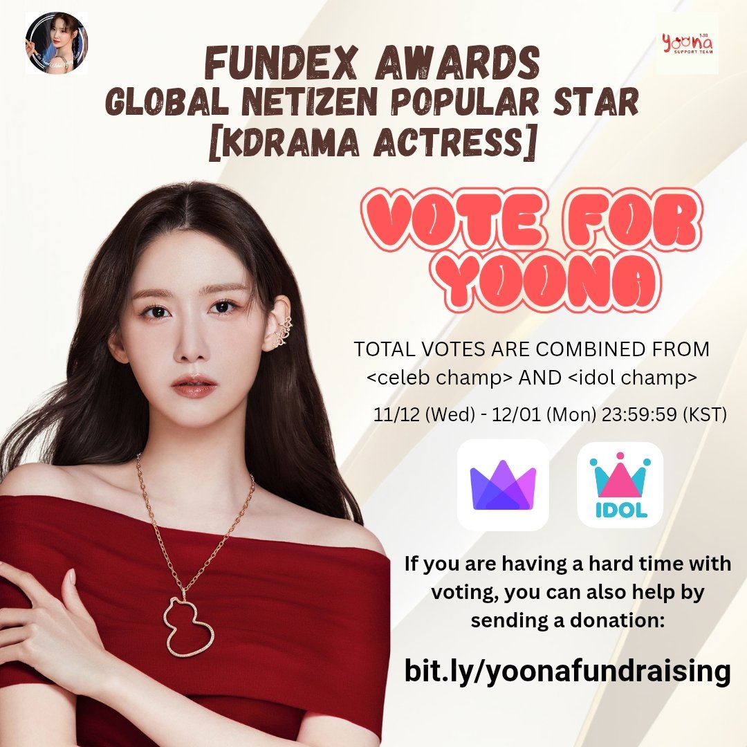 yoona530support's tweet image. [VOTING]

VOTE FOR YOONA ON FUNDEX AWARDS!

Global Netizen Popular Star (Kdrama Actress)

Total votes are combined from celeb champ and idol champ!

Last day of voting: Dec 01!

Donate also here: bit.ly/yoonafundraisi… 

#LimYoonA #YOONA #윤아 #임윤아
