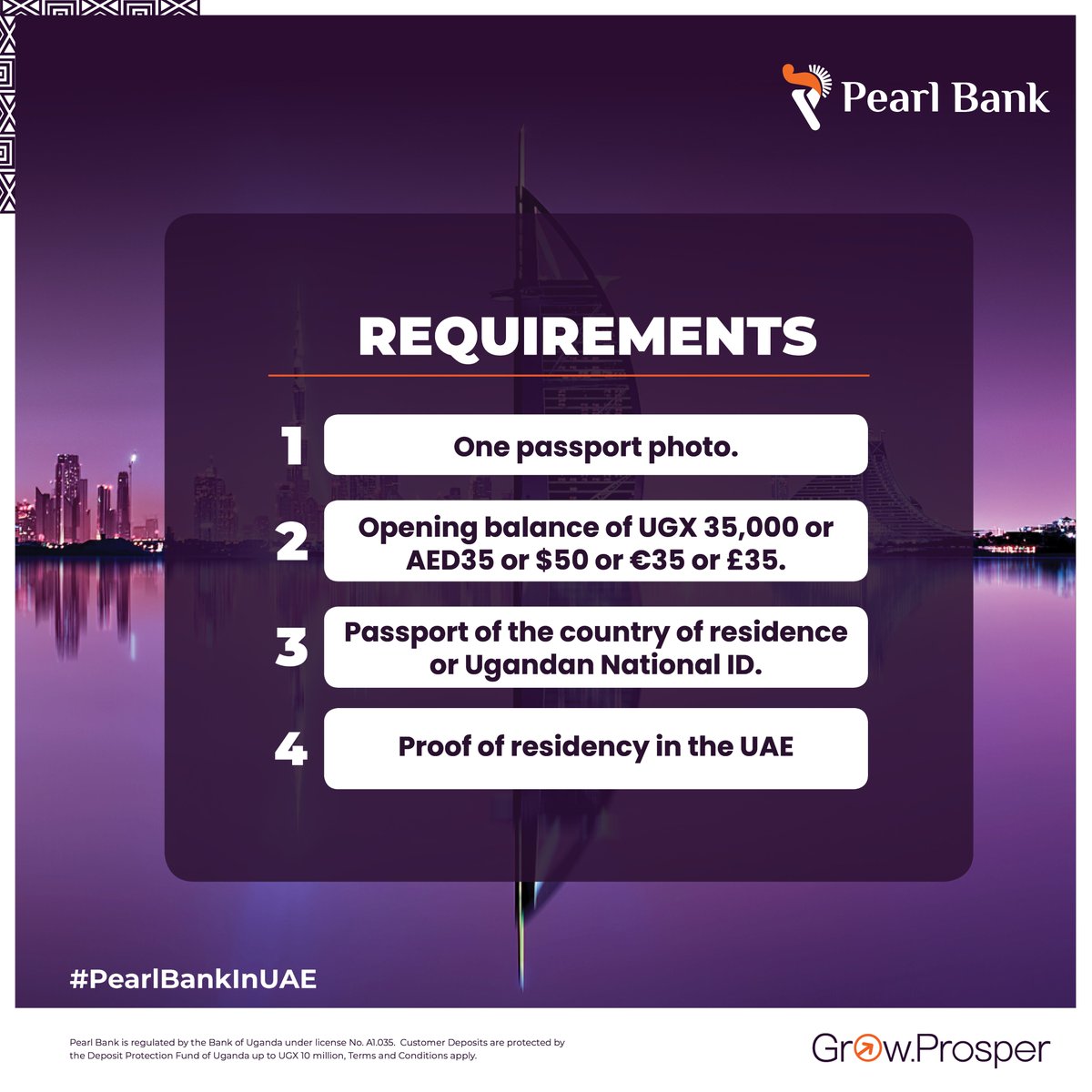 Ugandans in UAE, today is the final day of Pearl Bank in UAE, at the moment.

Come get for banking services tailored to you.

Requirements:
• Passport photo
• AED 35 opening balance
• Passport or National ID
• Proof of UAE residency

#PearlBankinUAE