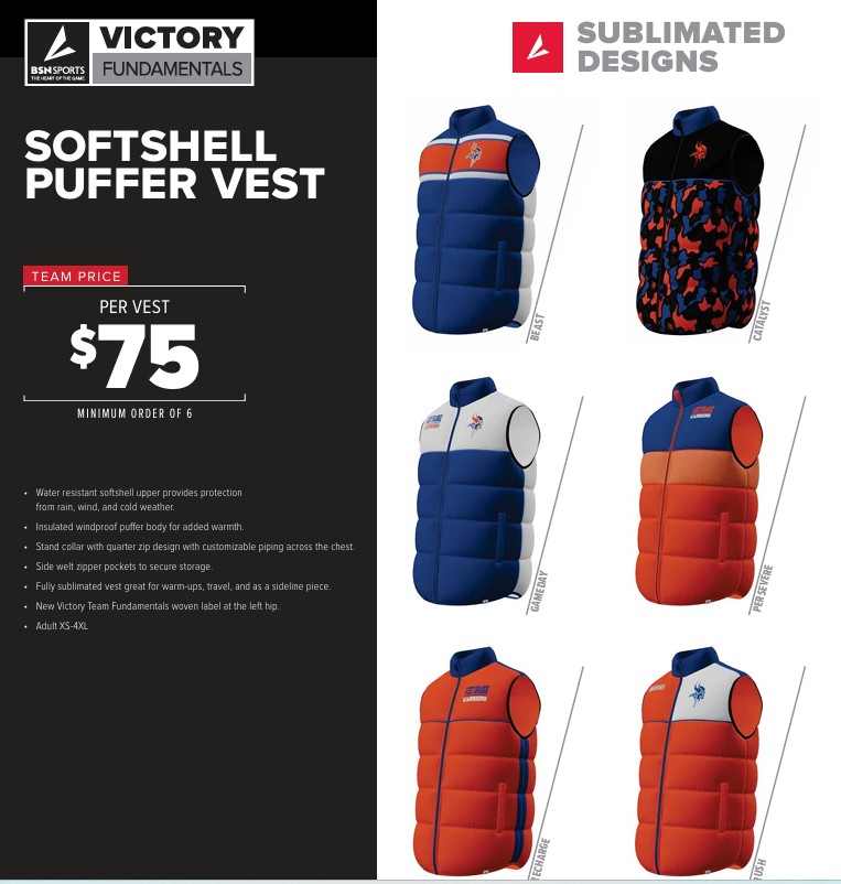 New completely custom vests from BSN's Victory line.  Your school's/company's colors and logo all included in the list price.