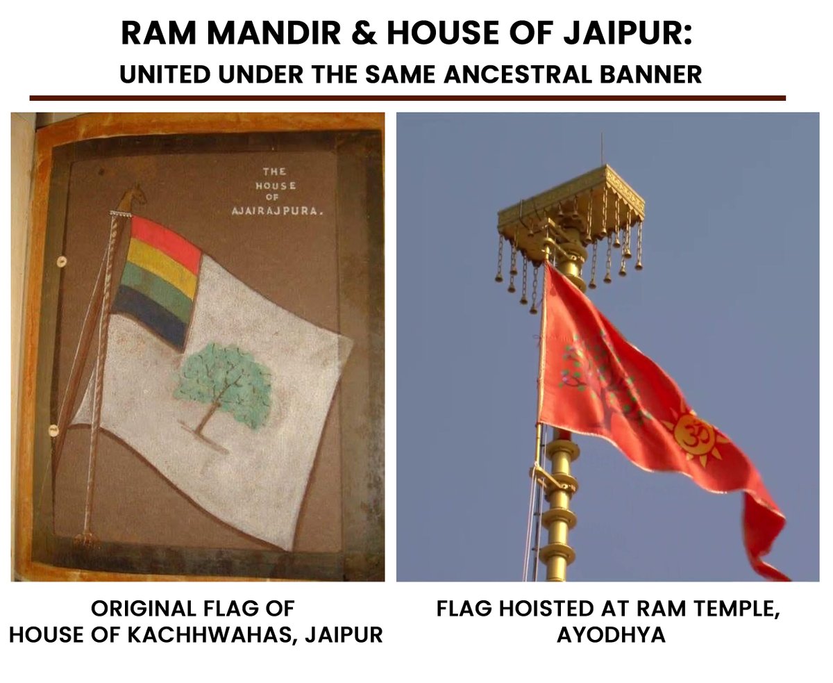 KshatriyaItihas's tweet image. क्या है श्री राम मंदिर के ध्वज का ऐतिहासिक महत्व?

अयोध्या स्थित श्री राम मंदिर का ध्वज अपनी मूल प्रेरणा वाल्मीकि रामायण तथा कछवाहा राजपूतों के जयपुर घराने की परंपरा से ग्रहण करता है।

वाल्मीकि रामायण के युद्धकाण्ड के अनुसार श्री राम का ध्वज श्वेत पृष्ठभूमि पर कचनार वृक्ष का…