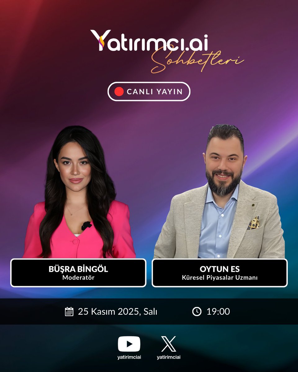 📣 Bu Akşam 19:00’da Canlı Yayındayız!

Yatirimci.AI Sohbetleri’nde bugün konuğumuz Küresel Piyasalar Uzmanı Oytun Es.

Güncel makro gelişmeleri, küresel piyasa akışını ve yatırımcıların merak ettiği başlıkları birlikte değerlendiriyoruz.

⏰ Saat 19:00’da canlı