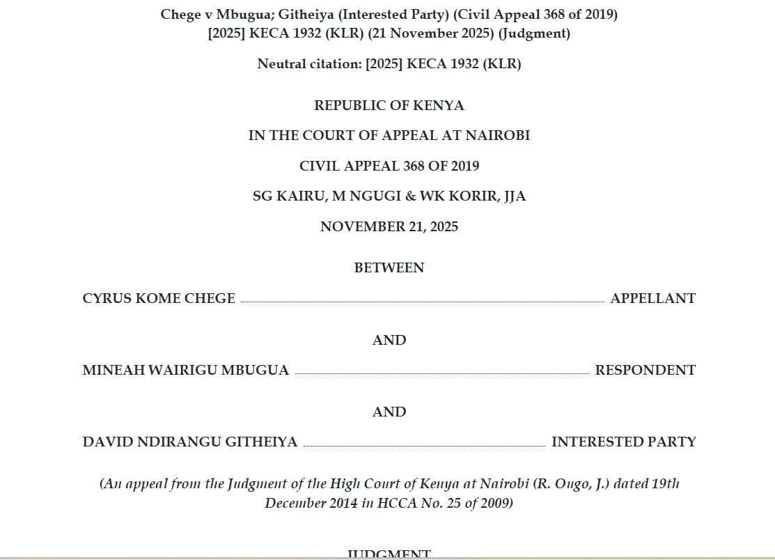 AssociatesRoba's tweet photo. Court of Appeal Warns: A Consent Order Is Not a Suggestion - It Is a Binding Contract You Cannot Wiggle Out Of

The Court of Appeal in Chege v Mbugua; Githeiya (Interested Party) has dropped a decisive reminder that Kenyans are not ready for: once you sign a consent in court, you are married to it. No shortcuts, no “market price has gone up,” no last-minute rebranding of your obligations. A consent is a contract stamped with judicial authority, and only the same court (or a higher one) can undo it; not your mood swings.

The case was simple but messy: the parties had agreed in writing, filed in court, that the land would be subdivided, sold for Kshs 1.2 million, and transferred accordingly. The buyer even paid the Kshs 800,000 deposit. Then the seller suddenly decided the land was now worth Kshs 2.5 million and attempted to rewrite the deal unilaterally. Both the Magistrate’s Court and the High Court called it what it was: frustration, bad faith, and an attempt to escape a binding consent. The Court of Appeal has now affirmed that position without blinking.

The jurisprudential message is ironclad:
 A consent order has the same force as a judgment. It can only be varied on the same limited grounds that apply to contracts: fraud, mistake, misrepresentation, coercion - none of which existed here. A court will not rescue you from a deal you voluntarily signed just because the market shifted or you had second thoughts. The Court emphasized that unless a consent is formally set aside, it binds the parties completely and cannot be rewritten through clever manoeuvres or excuses.

What this means for Kenyans is straightforward: when you walk into court and record a consent, you lock in those terms permanently. You cannot turn around later and say “prices have changed,” “I reconsidered,” or “I have a better offer.” The law protects agreements, not regret. And the Court of Appeal has made it very clear: if you want out, follow the legal path, don’t try to break the deal from the back door. @georgediano @KensonMutethia @Thuranira_1 @MikeSonko @MutandaLaw @Ndonglaw043 #TanzaniaRising #MakongeniChanging nyakundi unmasked #contracts Dignity In Housing Humane Transition #SHACancerCare