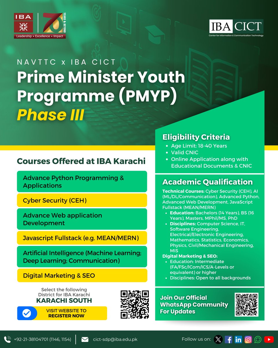 iba_cict's tweet image. Registrations for 𝐍𝐀𝐕𝐓𝐓𝐂 𝐱 𝐈𝐁𝐀 𝐂𝐈𝐂𝐓 – 𝐏𝐌𝐘𝐏 𝐏𝐡𝐚𝐬𝐞 𝐈𝐈𝐈 are now open for IBA Karachi. Eligible applicants (18–40 years, valid CNIC) can apply online

#NAVTTC #ScholarshipProgram #TechCoursesatIBAKarachi #CareerDevelopment #IBACICT #IBAKarachi