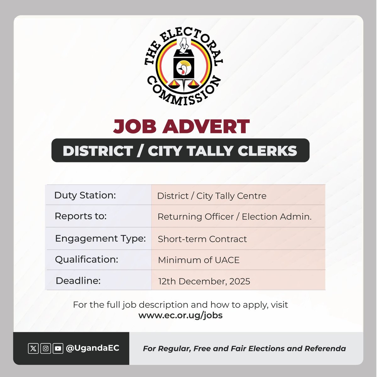 JOB ADVERT: We are hiring District/City Tally Clerks on a short-term contract. Eligible applicants are encouraged to apply as soon as possible.

Details: ec.or.ug/job-advert-pos…