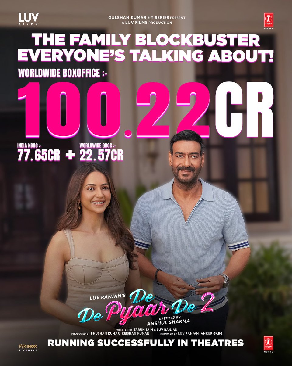 NaveenA78113109's tweet image. 100cr+ Gross Worldwide For #DeDePyaarDe2💥. Set For 125cr+ Gross Worldwide In His Theatrical Run. Success Tag Loading 💯 by Trade. @ajaydevgn @Rakulpreet @TSeries