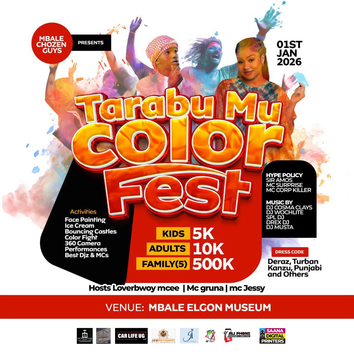 McJesseUg's tweet image. "Tarabu Mu Color Fest – a vibrant New Year bash on Jan 1st, 2026 at Mbale Elgon Museum! 🎉 Kids 5k, Adults 10k, Family (5) 500k. Expect face painting, ice cream, bouncing castles, color fights, 360° camera fun, live performances, Get ready for the Vibration on this day #colorfest