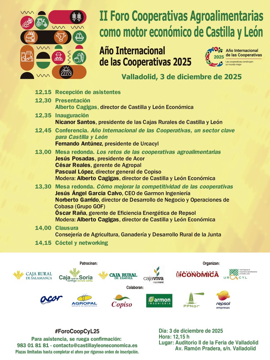 El II Foro #Cooperativas #Agroalimentarias como motor económico de #CyL se celebra el 3 de diciembre ow.ly/H4O550XtxQ5 #ForoCoopCyL25
<a href="/urcacyl/">Urcacyl. Cooperativas agroalimentarias CyL</a> <a href="/CRSASALAMANCA/">Caja Rural de Salamanca</a> <a href="/Caja_Rural/">Caja Rural de Soria</a> <a href="/cajaruralzamora/">cajaruralzamora</a> <a href="/CajavivaCRural/">CajavivaCajaRural</a> <a href="/ACOR_es/">ACOR</a> <a href="/AgropalSC/">Agropal Grupo Alimentario</a> #Copiso #GarmonIngeniería #PPNOR <a href="/Repsol/">repsol</a>